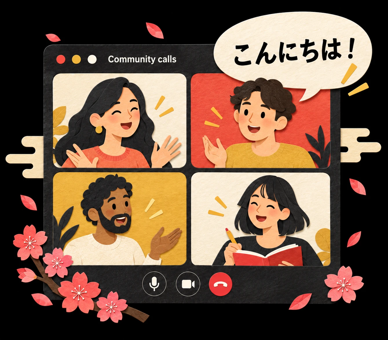 Paper-cut illustration of four Japanese learners practising together on a community video call
